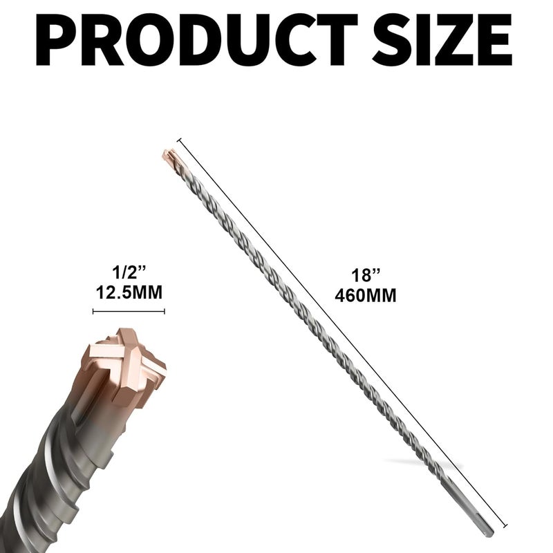 FROOOK SDS Plus Rotary Hammer Drill Bit,1/2"×18"（12.5mm×460mm） - 4 Carbide Cutting Edges & Coated Head | Heavy-Duty for Masonry, Concrete, Natural Stone, Brick Walls - Image 2